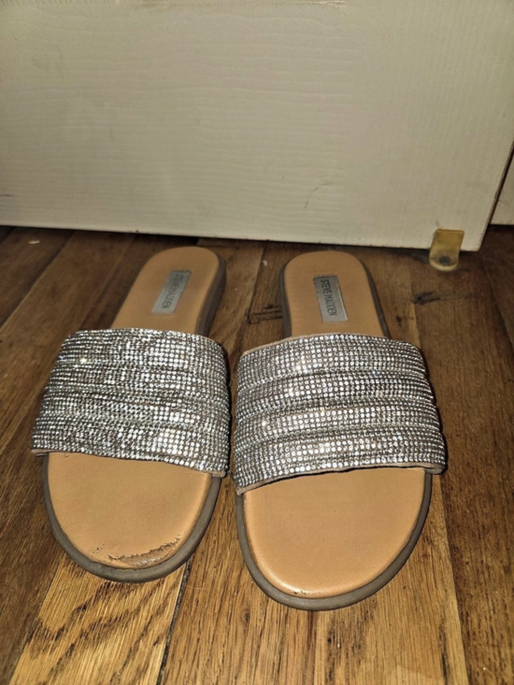 Steve Madden Brionna Rhinestone Slide Sandal Silver & Brown